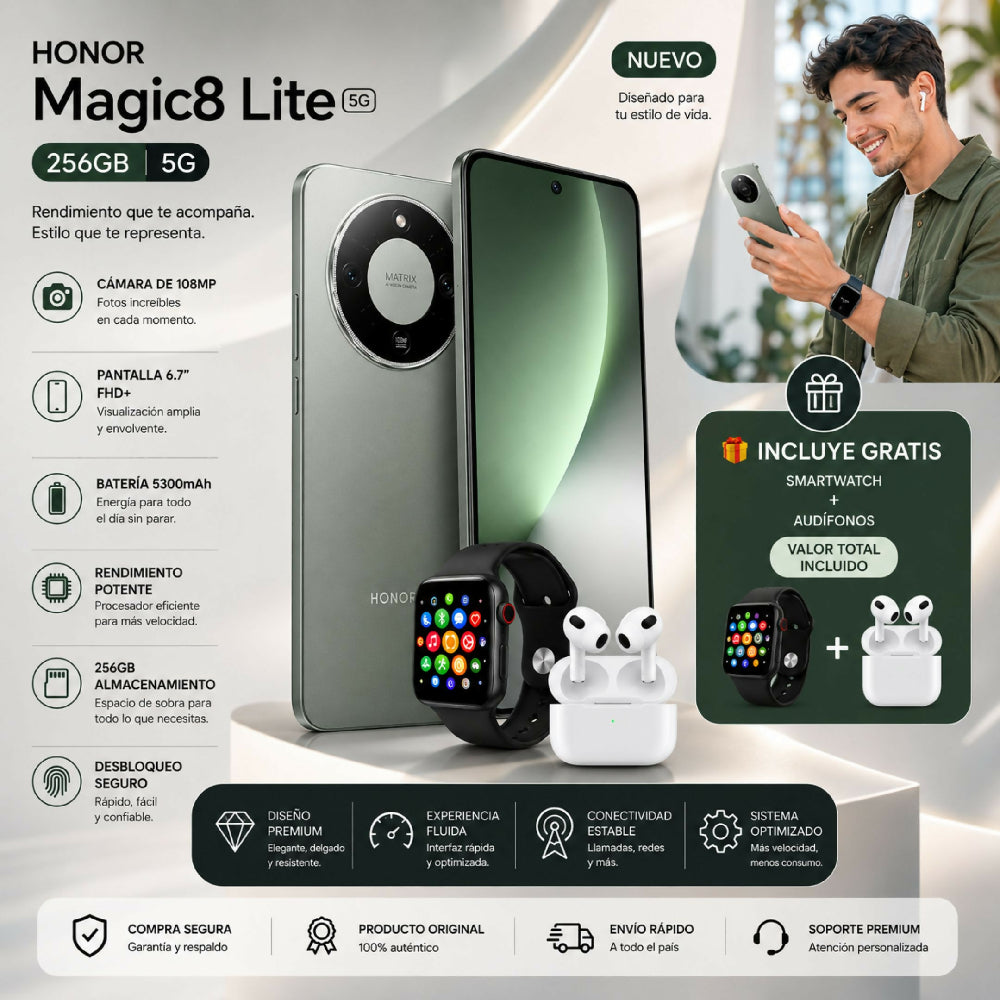 Honor Magic 8 Lite 5g 256gb Verde + Regalo Smartwatch Y Audífonos Bluetooth