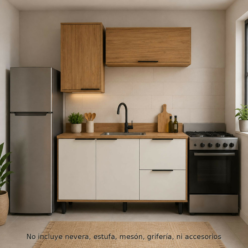 Cocina 120 cm Tahití 4 Puertas 2 Cajones - Natural/Blanco Apagado