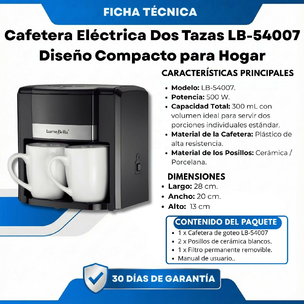 Cafetera Eléctrica Dos Tazas LB-54007 Diseño Compacto para Hogar