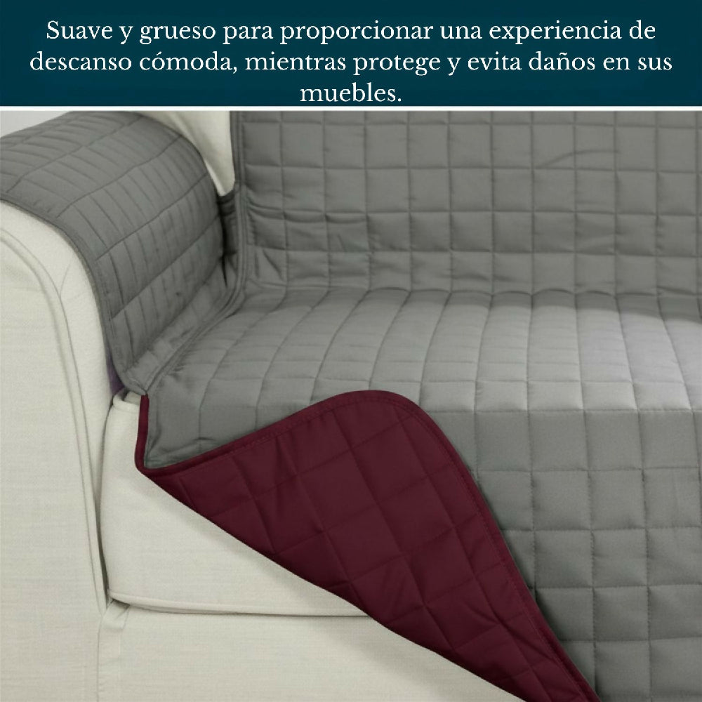 Protector de Sofá 3 Puestos Acolchado Doble Faz Unicolor Vino Tinto y Gris