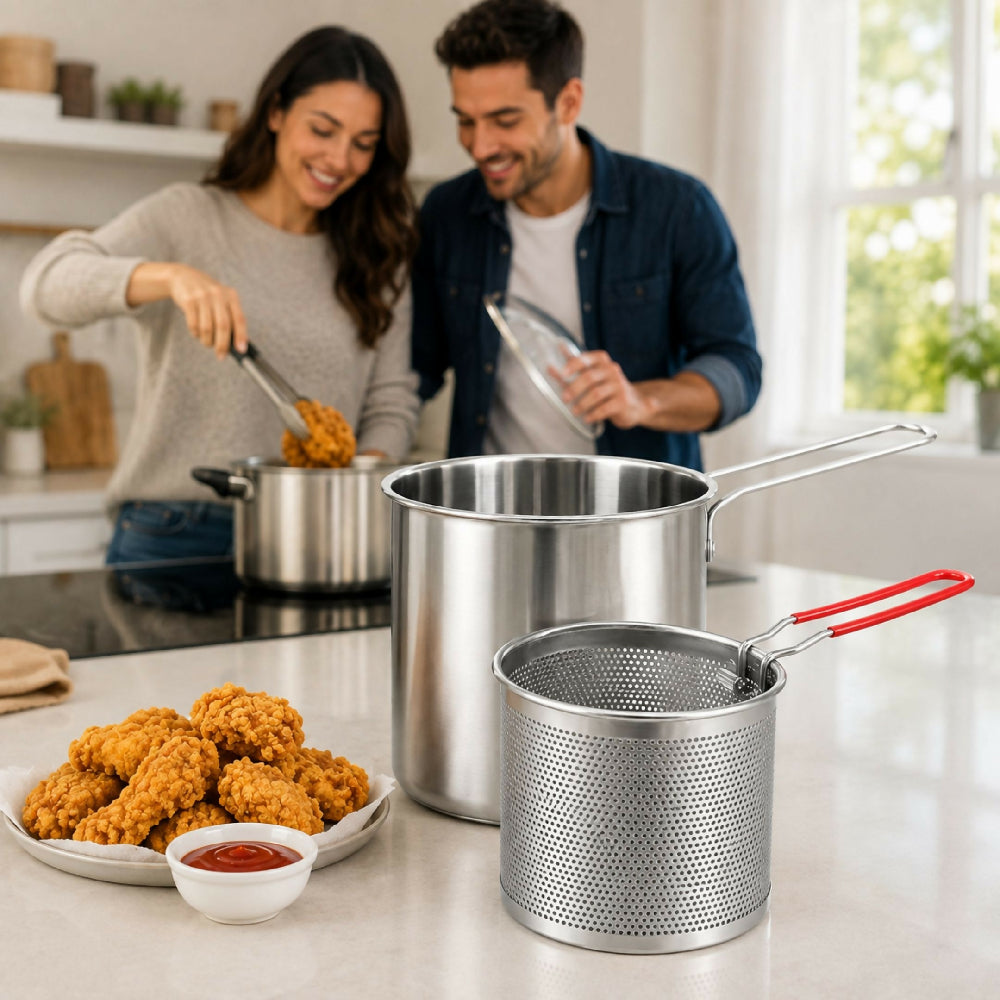 Olla Freidora De Acero Inoxidable + Cesta Escurre El Exceso De Aceite Al Instante
