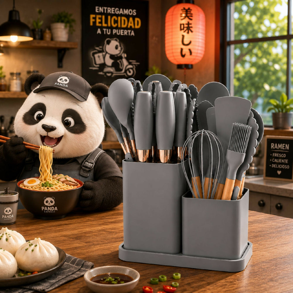 Set De Utensilios Y Cuchillos De 19 Piezas Silicona Antiadherente Y Acero Inoxidable Gris