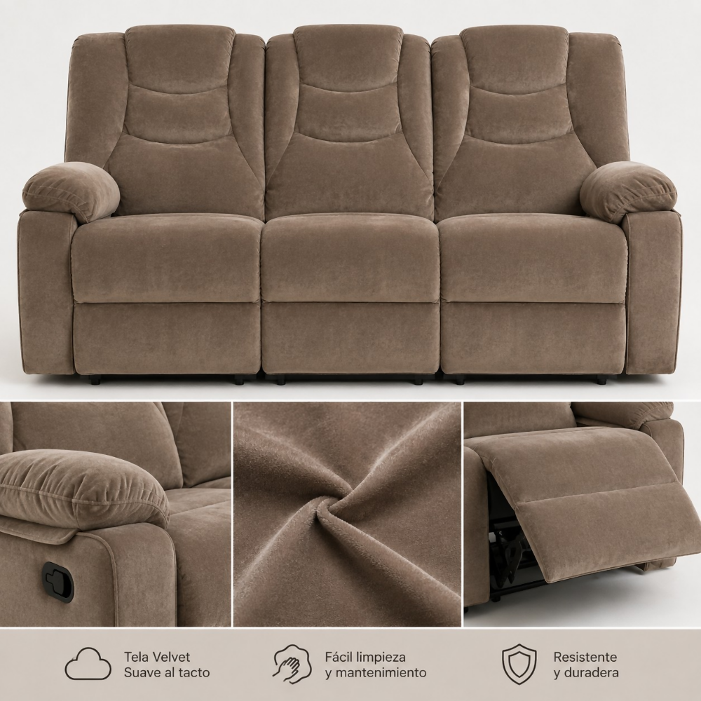 Sofá Reclinable 3 Puestos Color Café Kalerin Premium