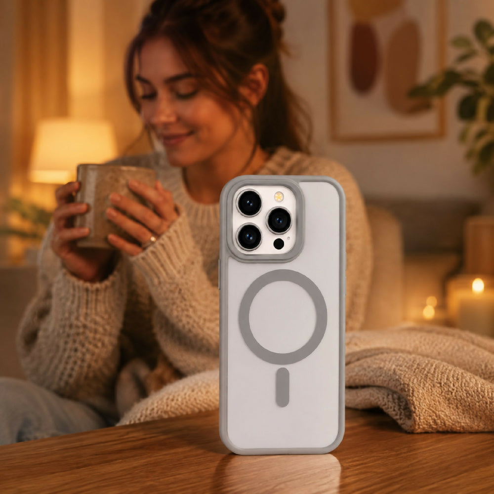 Forro Semi Transparente Para Celular Funda MagSafe Con Textura Suave Iphone 15 Pro Gris