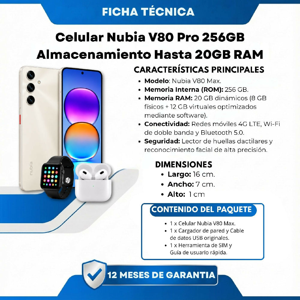 Celular Nubia V80 Max 256GB 20GB RAM Blanco + Audífonos Y Reloj Obsequio