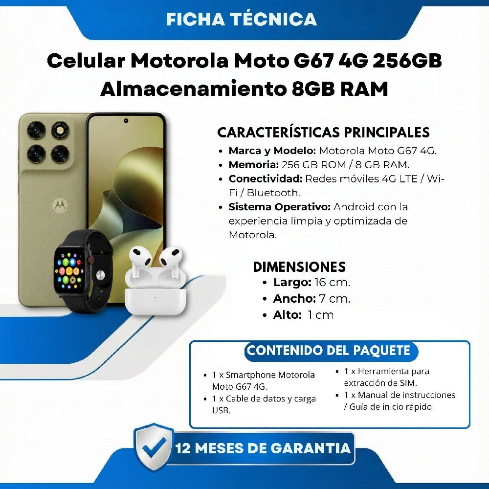 Smartphone Motorola G67 4G 256GB 8GB RAM Libre Verde + 2 Regalos Incluidos