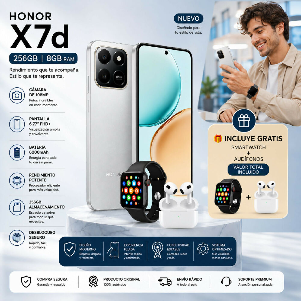 Celular Honor X7d 256gb Gris + 8gb Ram + Smartwatch Y Audífonos Gratis