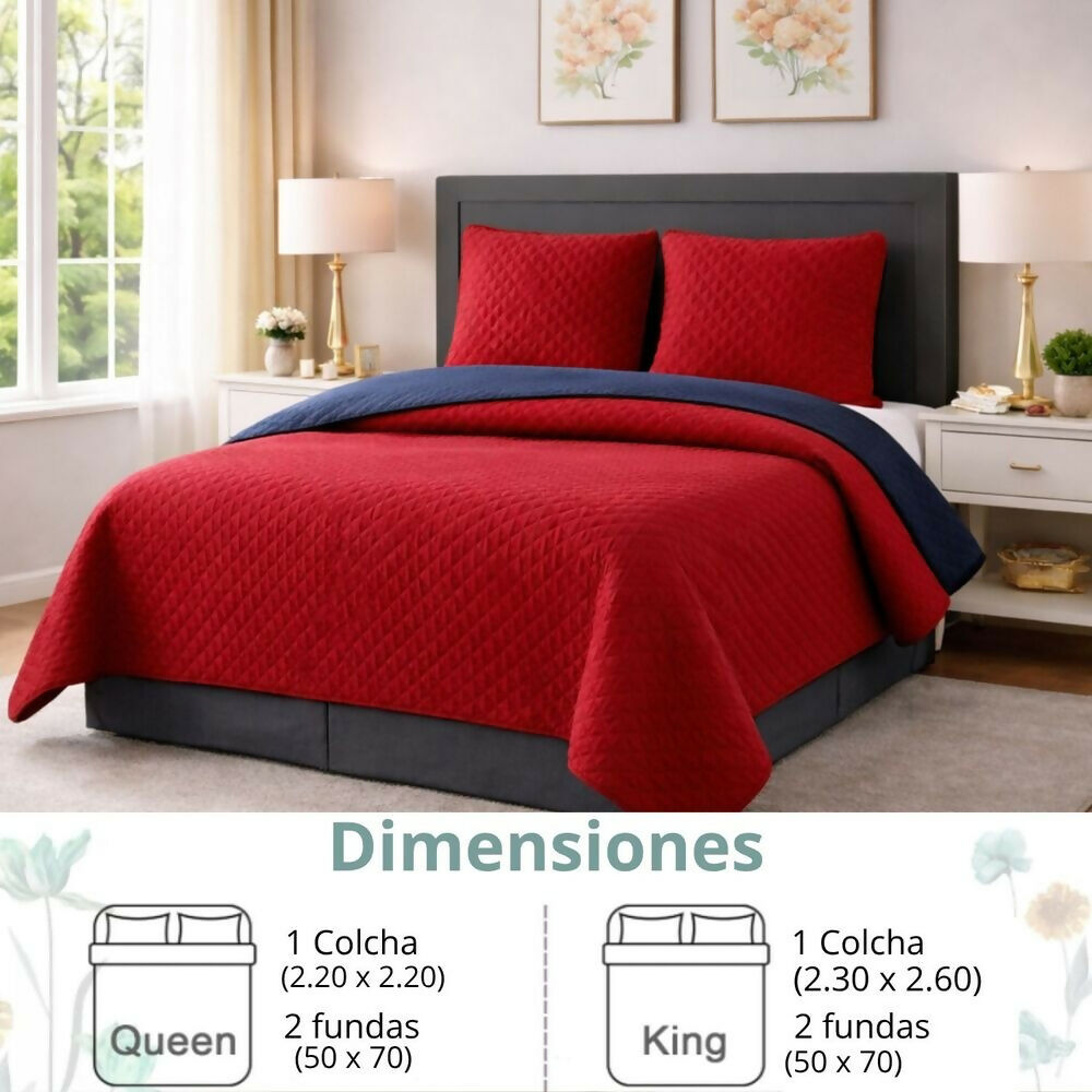 Colcha semidoble doble faz roja azul