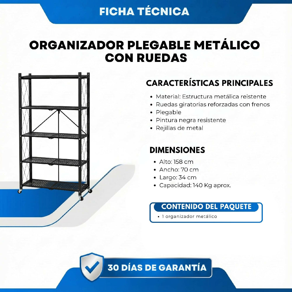 Organizador Plegable Metálico Con Ruedas Estantería Multiusos De 4 Niveles Para Hogar, Bodega Y Garaje