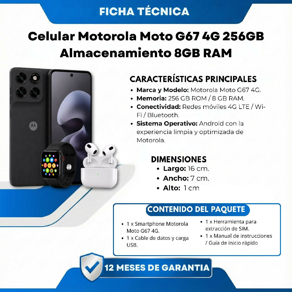 Smartphone Motorola G67 4G 256GB 8GB RAM Libre Negro + 2 Regalos Incluidos