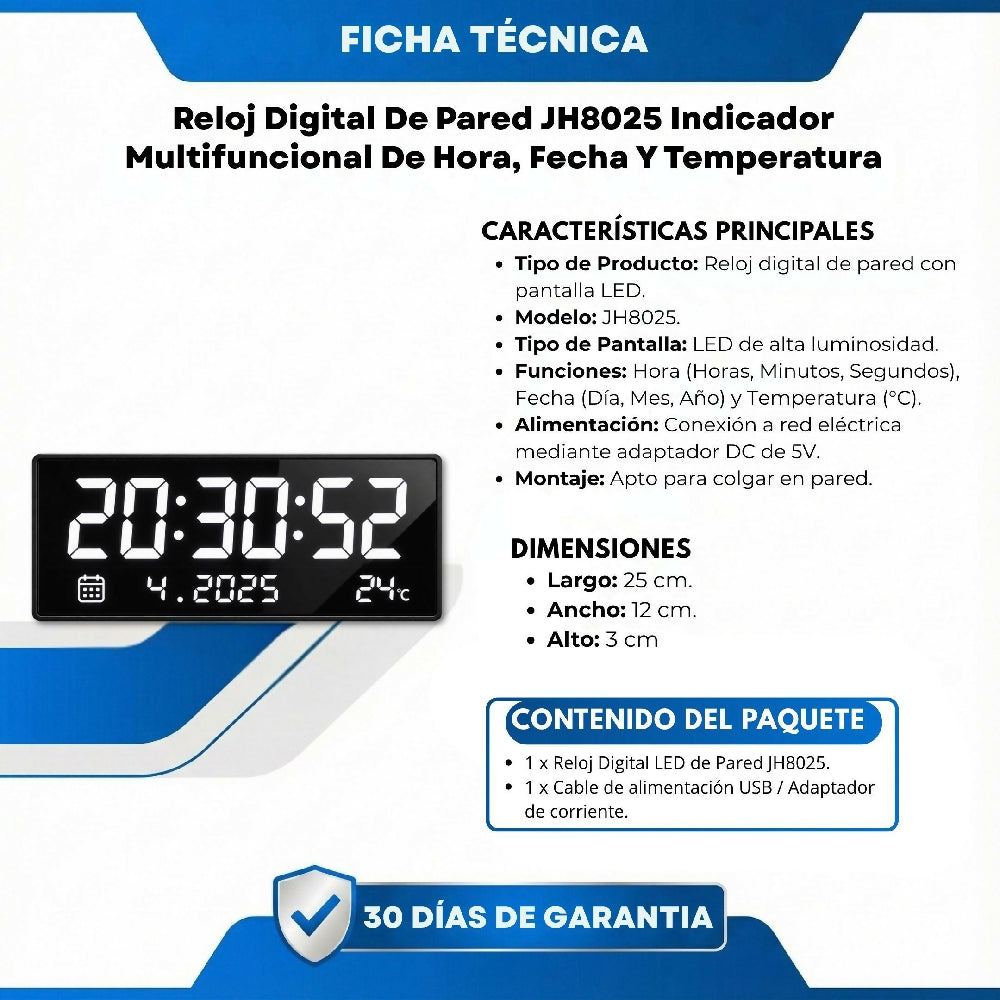 Reloj Digital De Pared JH8025 Indicador Multifuncional De Hora, Fecha Y Temperatura
