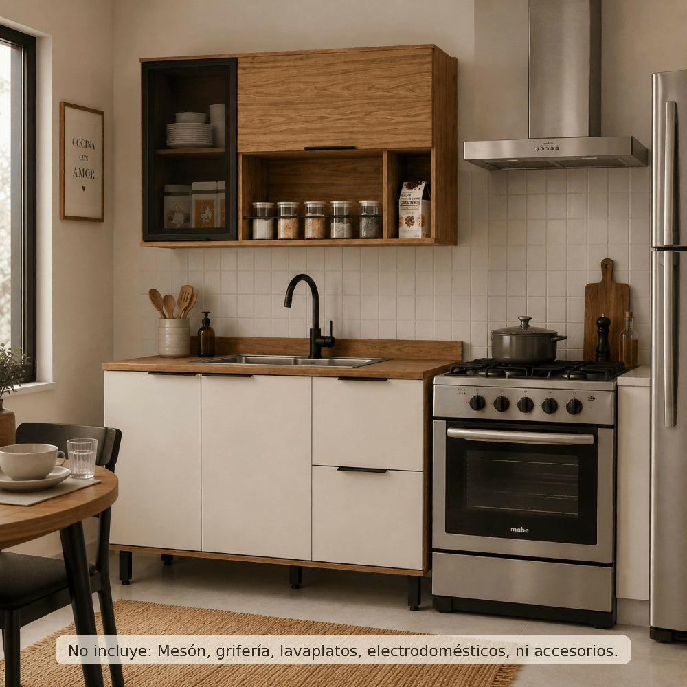 Cocina 120 cm Malta 3 Puertas 2 Cajones - Natural/Blanco Apagado