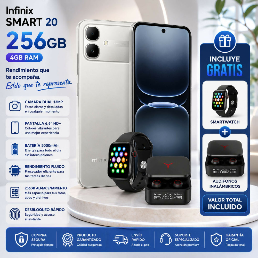 Celular Infinix Smart 20 256GB 4GB RAM Blanco + Audífonos Y Reloj Obsequio