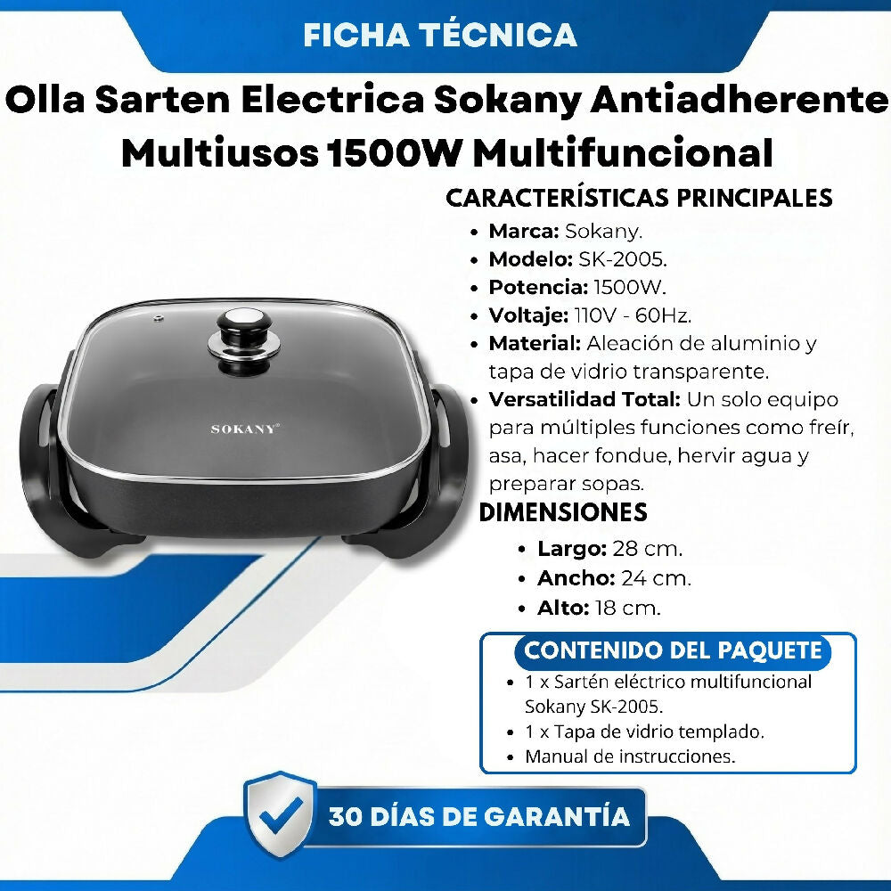 Olla Sarten Electrica Sokany Antiadherente Multiusos 1500W Multifuncional