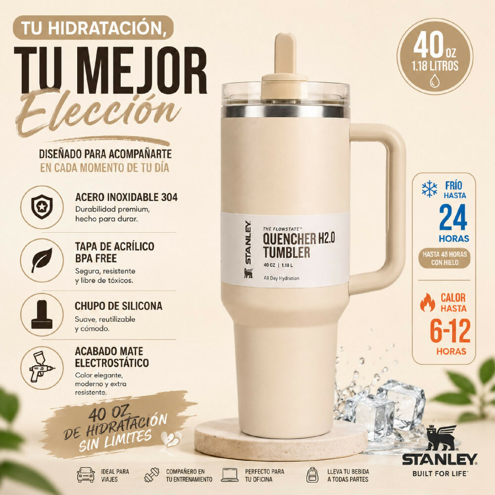 Termo Térmico Stanley 40oz Con Sorbete Ideal Para Gimnasio Y Viajes Beige