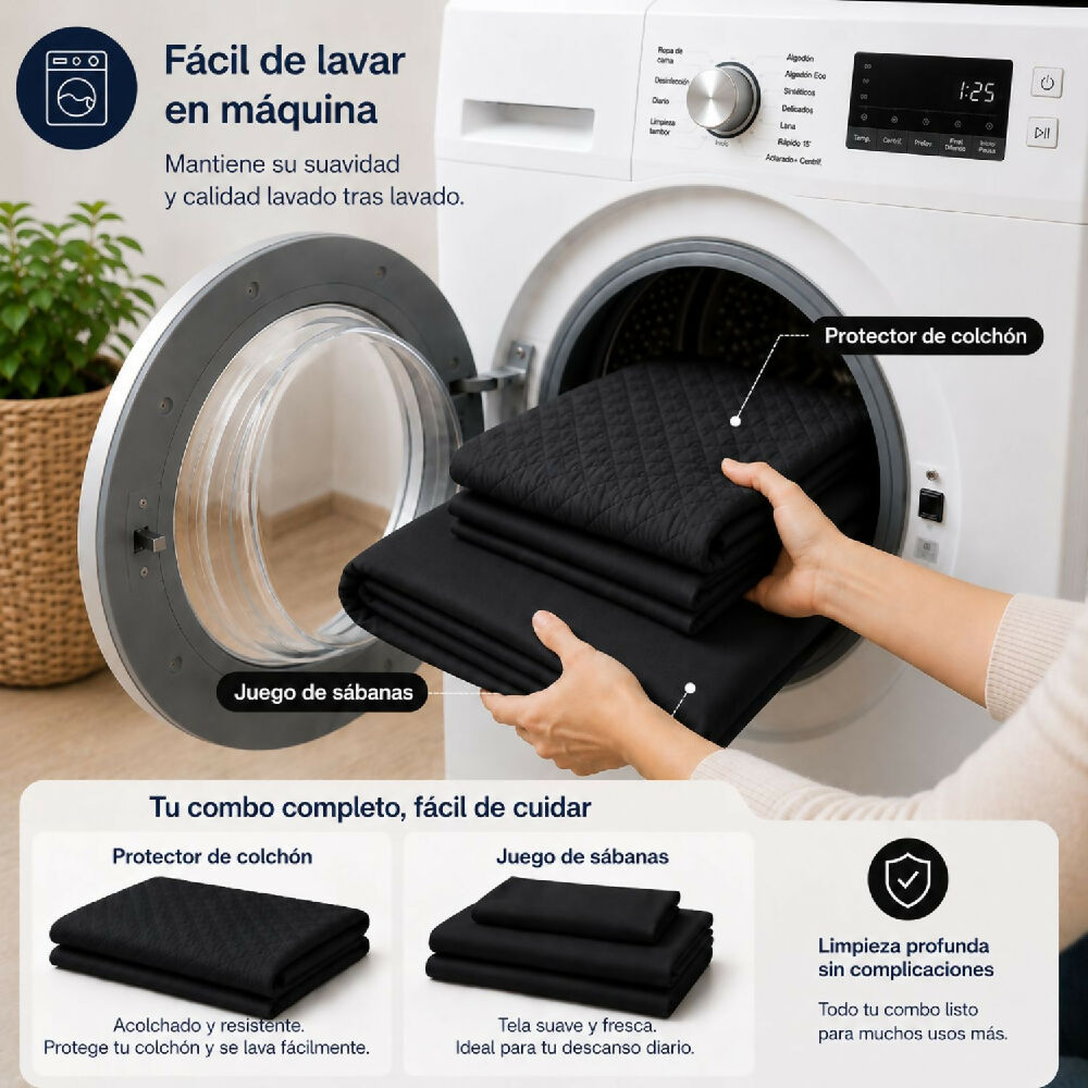 Combo protector colchon + Juego de sábanas doble negro