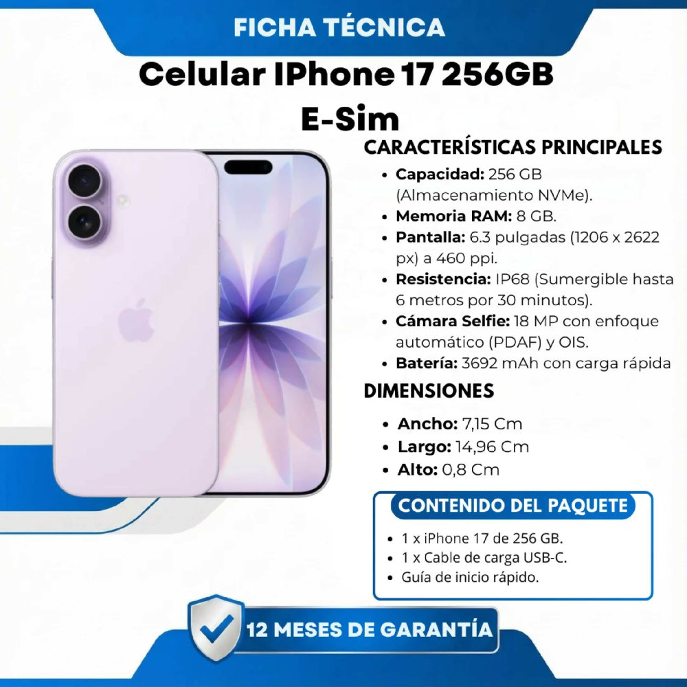 Celular Smartphone iPhone 17 256GB Almacenamiento Solo E-Sim Conectividad 5G Ultra Rosado
