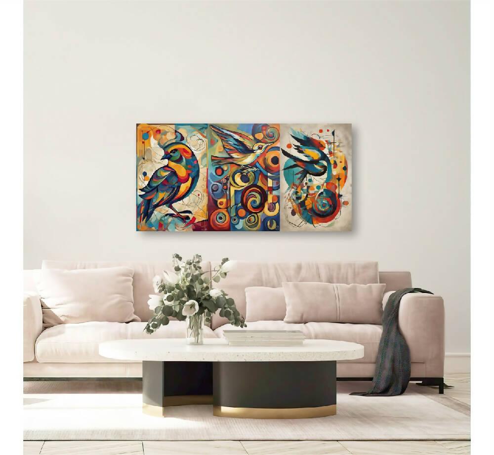 Lienzo Cuadro Decorativo Abstracto Aves De Color 34X72CM