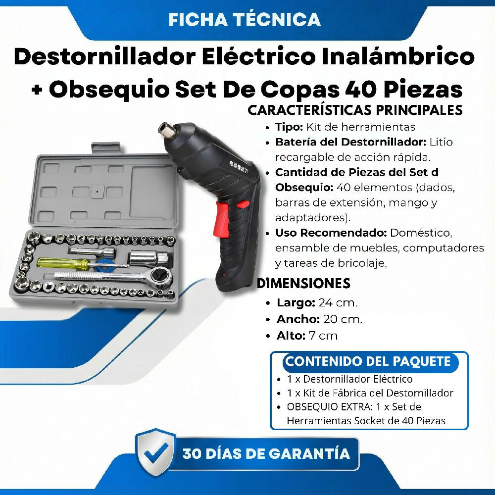 Destornillador Eléctrico Inalámbrico + Obsequio Set De Copas 40 Piezas