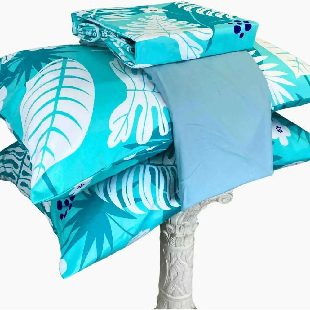 Juego de Sábanas Cama Queen 300 Hilos 100% Algodón Bahía Azul Turquesa