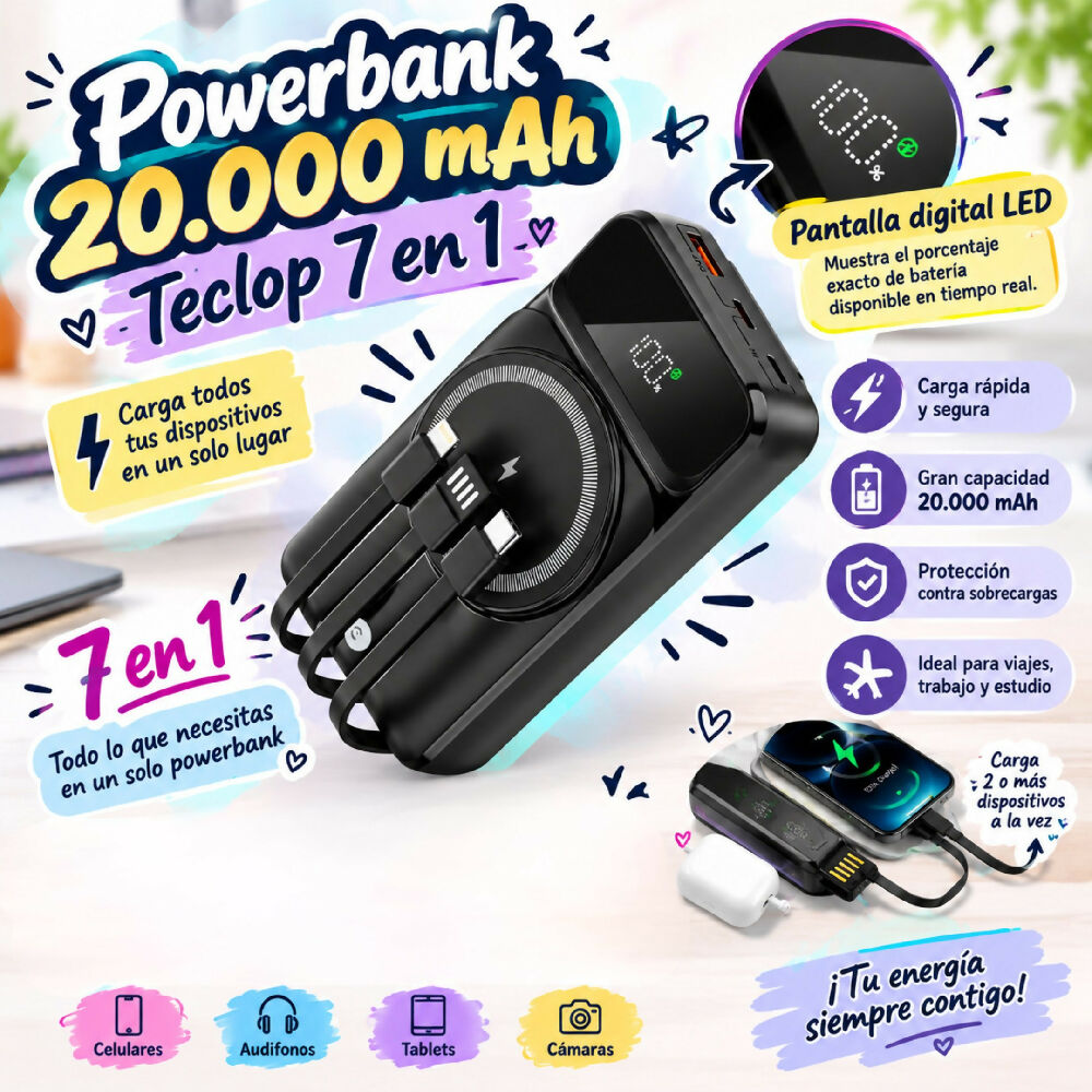 Cargador Portatil Power Bank 20.000 MaH Con Cables Integrados 7 En 1 Bateria