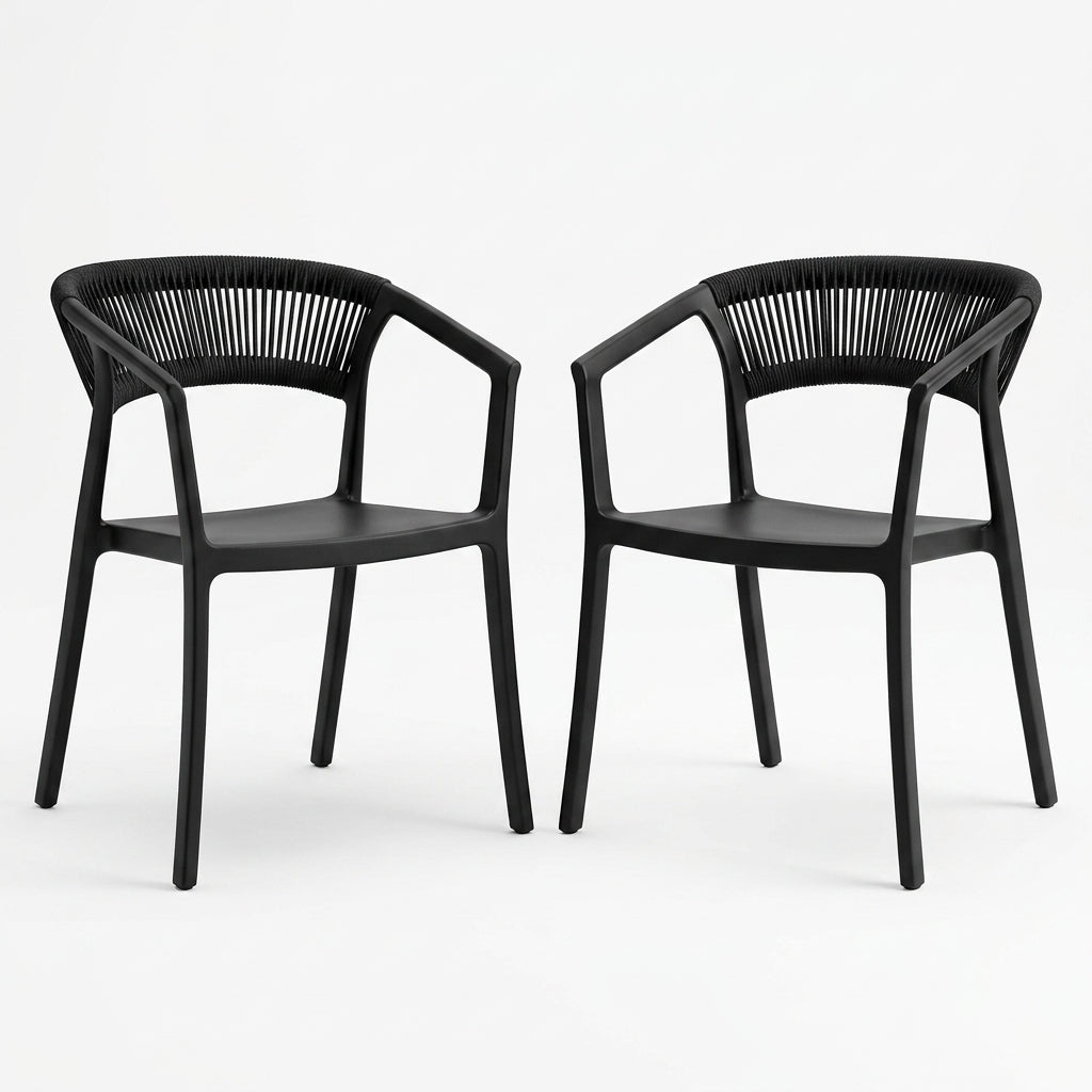 Set de 2 Sillas Balí, Negro, con Espaldar en Cuerdas y Diseño Moderno