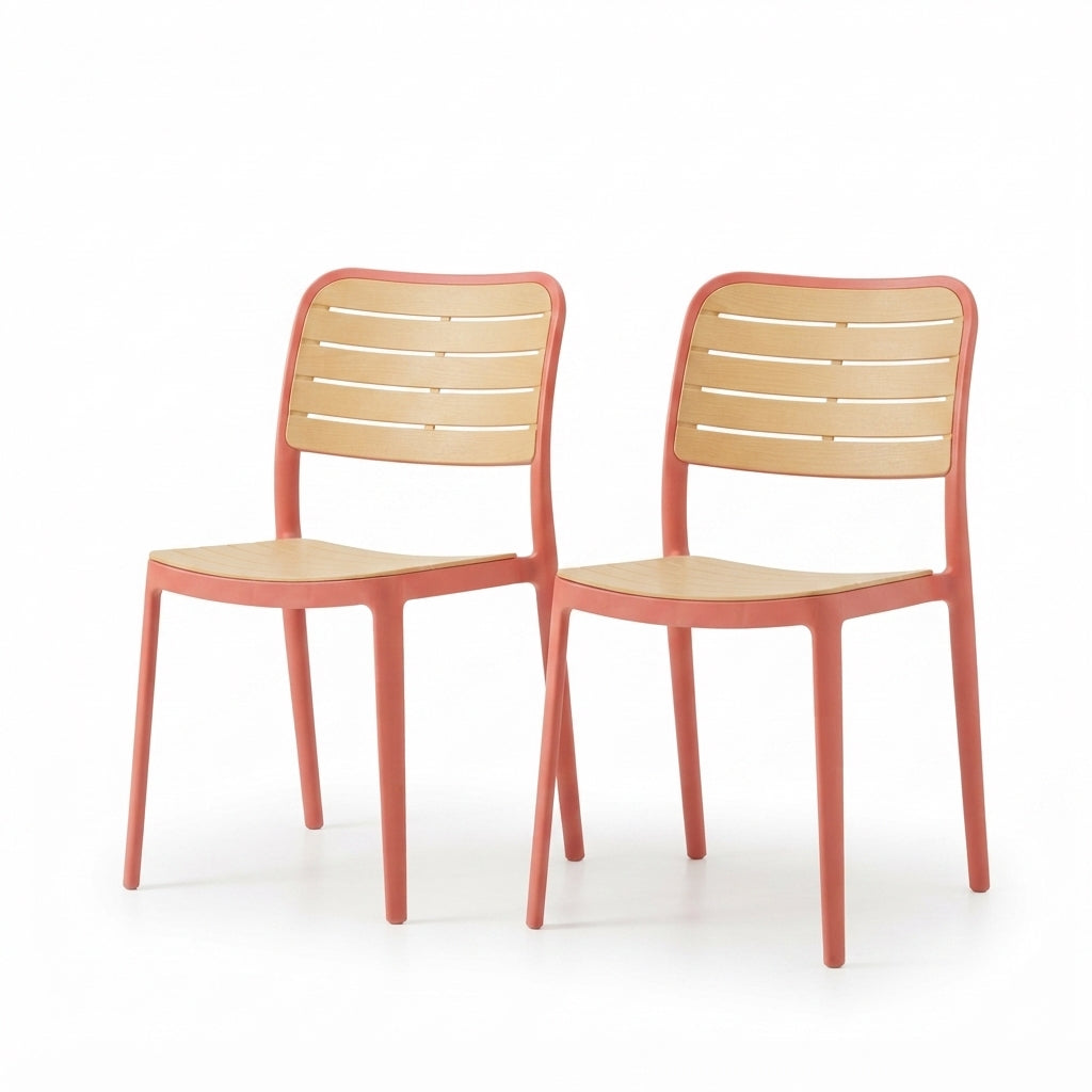 Set de 2 Sillas Carolina, Color Terracota y Beige, con Espaldar de Líneas Horizontales