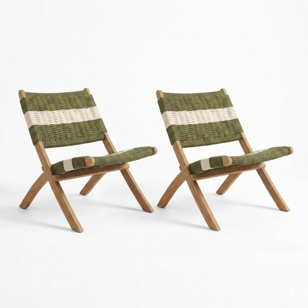 Silla Plegable de Madera para Exterior Katy, Verde Olivo y Blanco, Ideal para Dias de Sol X2