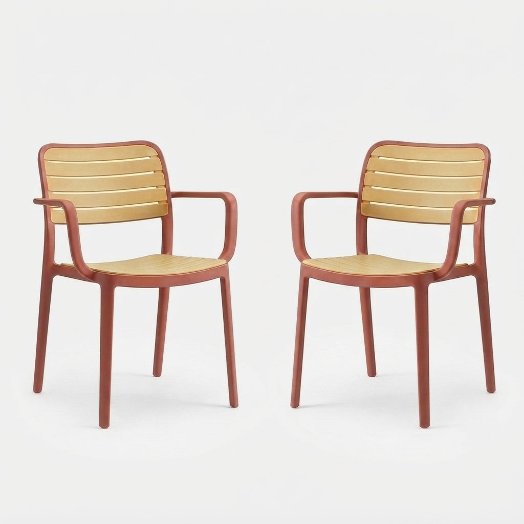 Set de 2 Sillas con Brazos Carolina, Terracota y Beige, y Espaldar de Líneas Horizontales