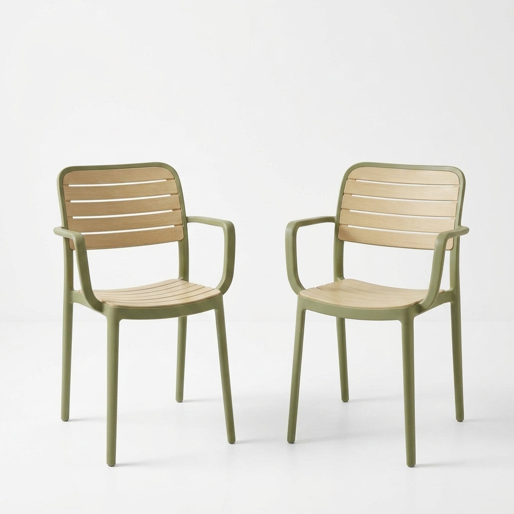 Set de 2 Sillas con Brazos Carolina, Verde Olivo y Beige, y Espaldar de Líneas Horizontales