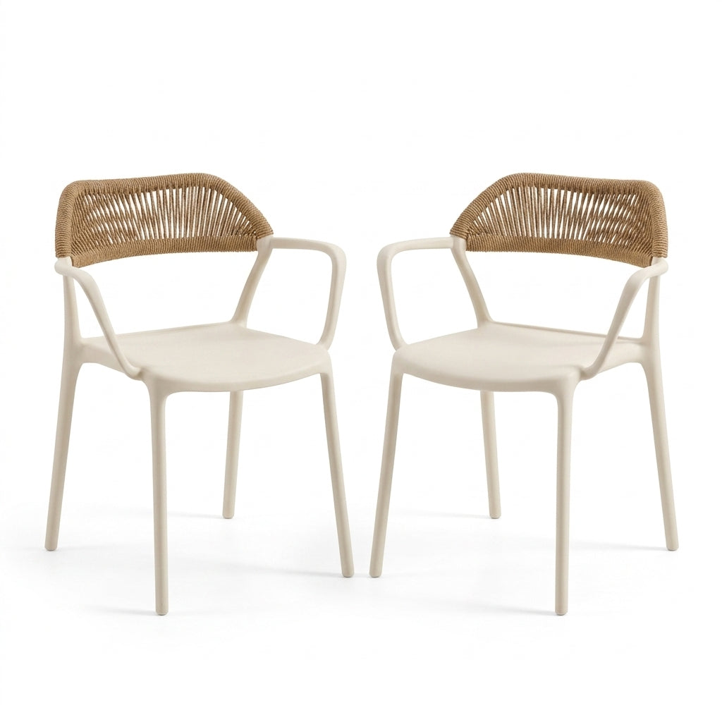 Set de 2 Sillas con Brazos Bombay, Taupe Claro y Beige, con Espaldar en Cuerdas y Diseño Moderno