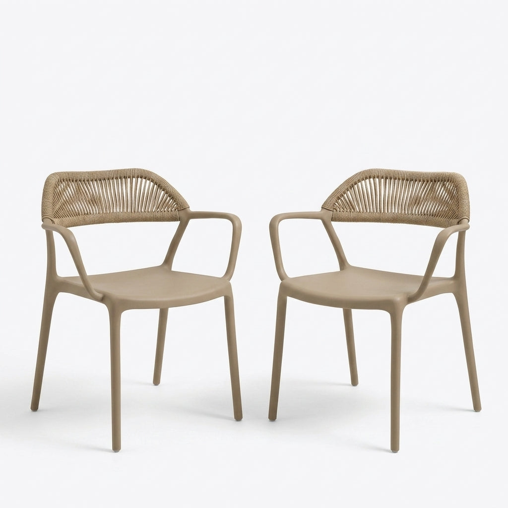 Set de 2 Sillas con Brazos Bombay, Khaki y Beige, con Espaldar en Cuerdas y Diseño Moderno