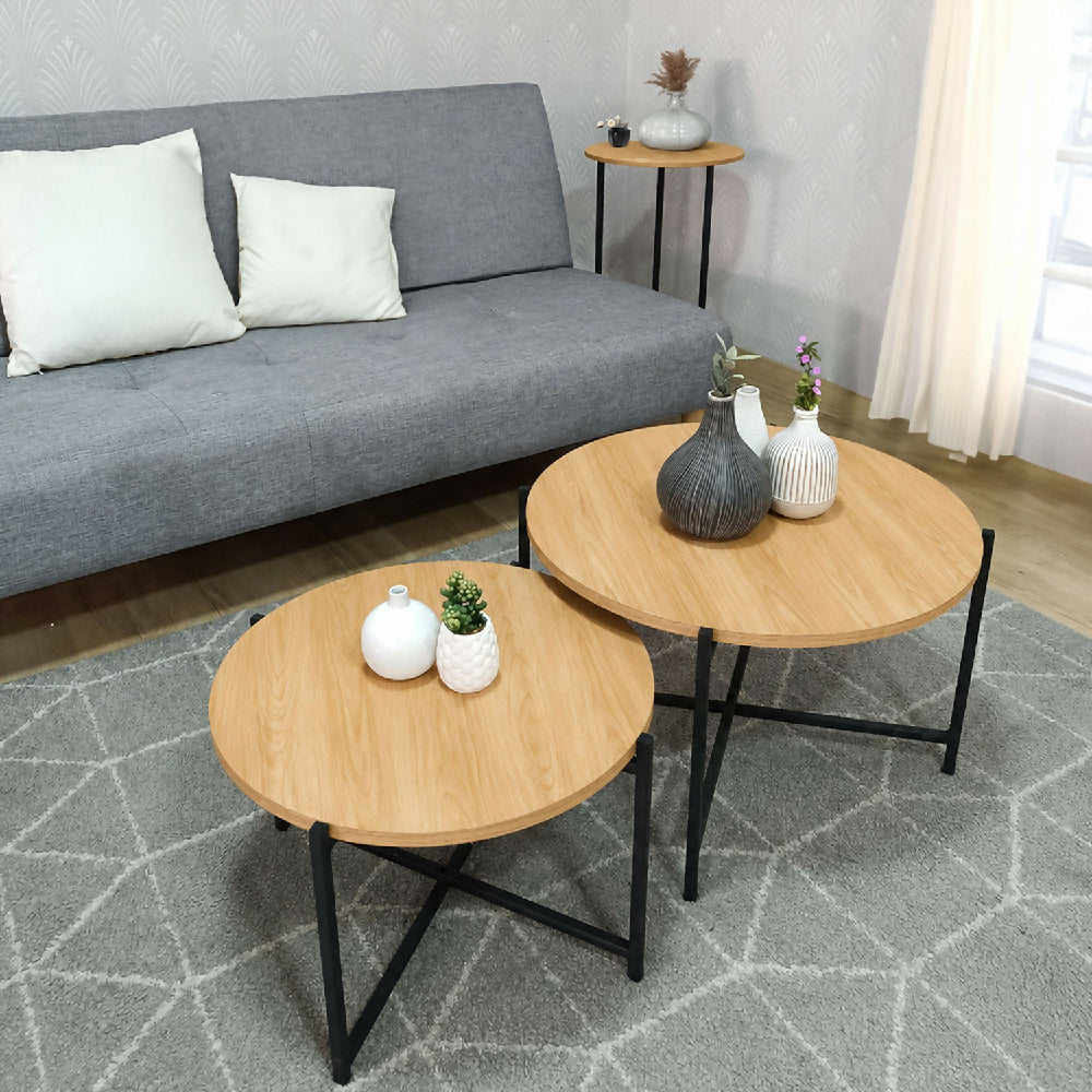 Combo x2 Mesas Nido Silver, madera natural+ Negro