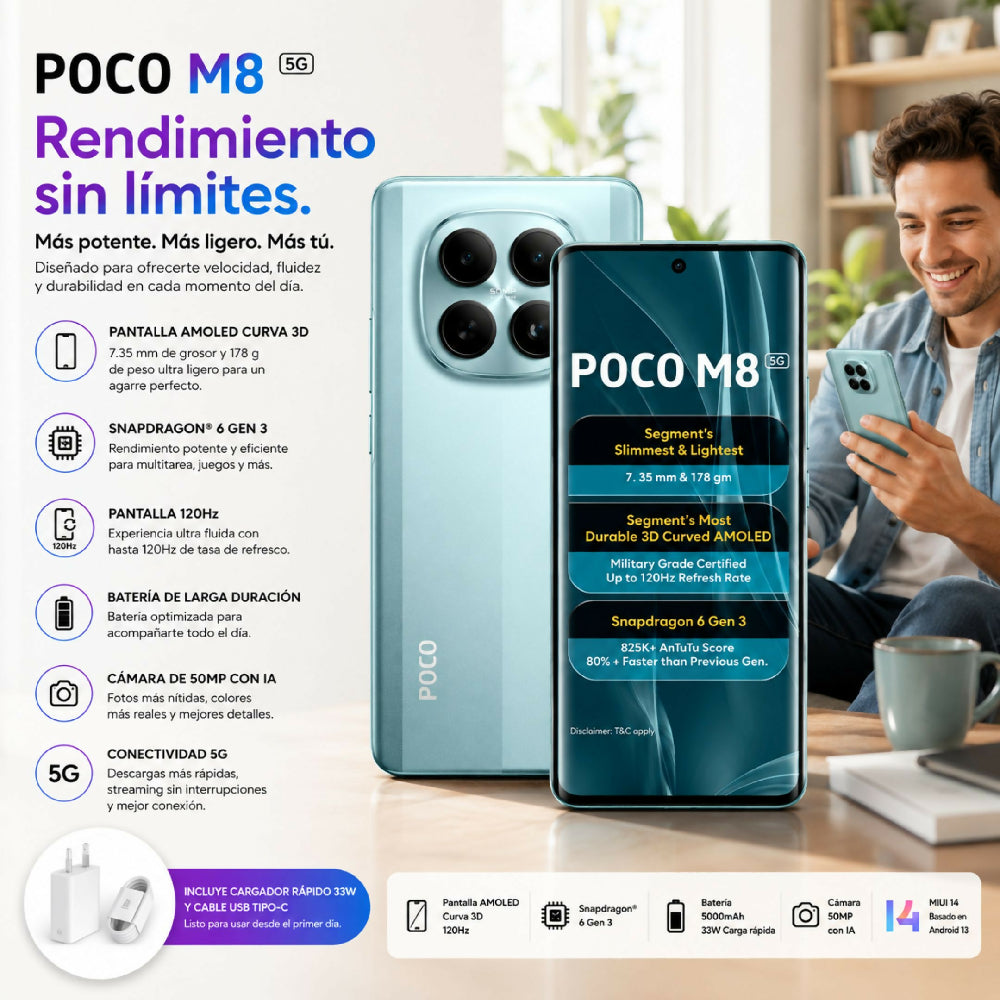 Celular POCO M8 5G 256GB Almacenamiento Y 8GB RAM Pantalla Pro Celeste