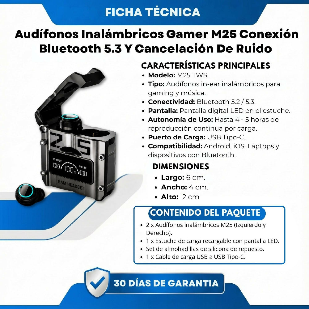 Audífonos Inalámbricos Gamer M25 Conexión Bluetooth 5.3 Y Cancelación De Ruido
