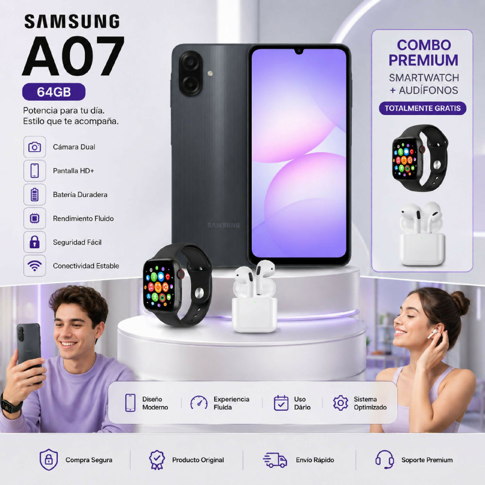 Celular A07 64GB Batería Larga Duración + Obsequio Audífonos Y Smartwatch Negro