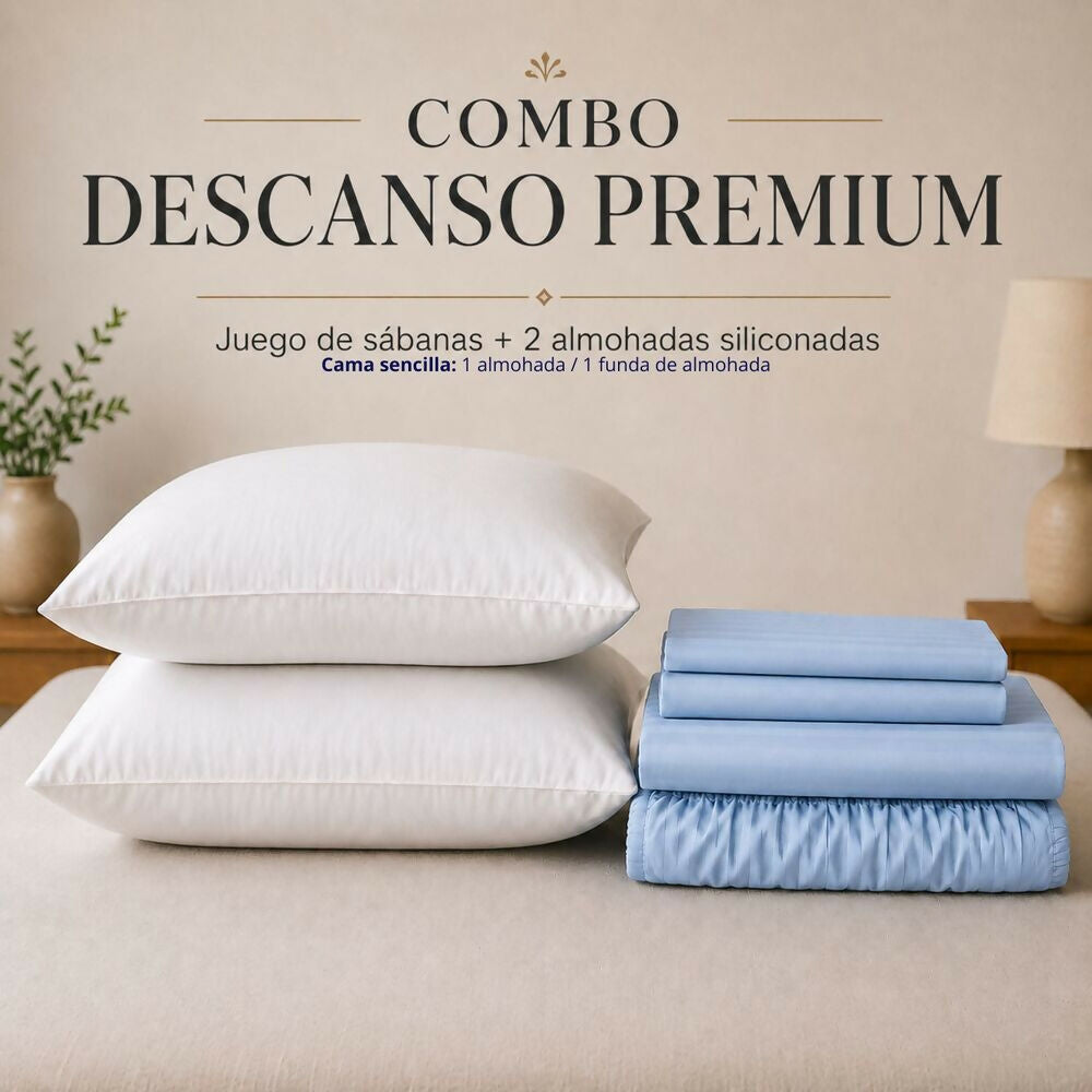 Combo Juego de sábanas + 2 almohadas siliconadas queen celeste