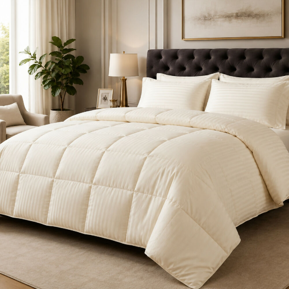 Plumón Tipo Hotel Raya Satinada Beige 300 g con Fundas de Almohada Cama Sencilla Mindy