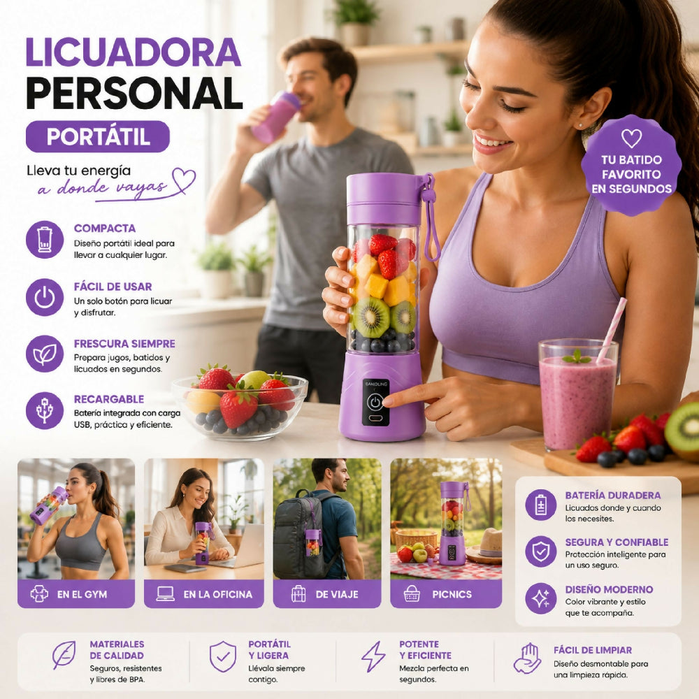 Licuadora Personal Portátil Recargable USB 380 Ml Morado