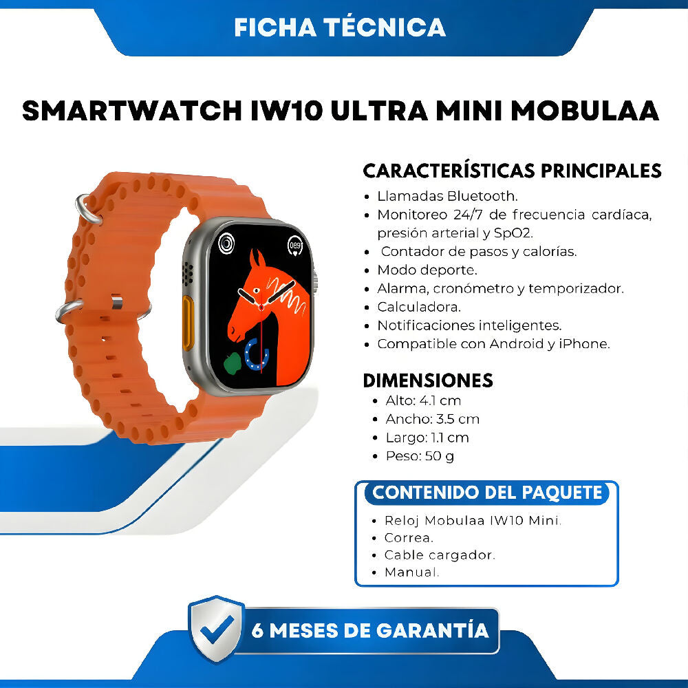 Smartwatch IW10 Ultra Mini Naranja Bluetooth Reloj Inteligente Pequeño Con Pantalla HD, Frecuencia Cardíaca Y Batería Duradera