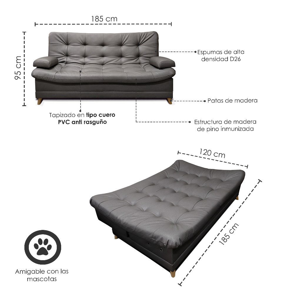 Sofa cama 3 Posiciones Anti rasguño Dolce Gris