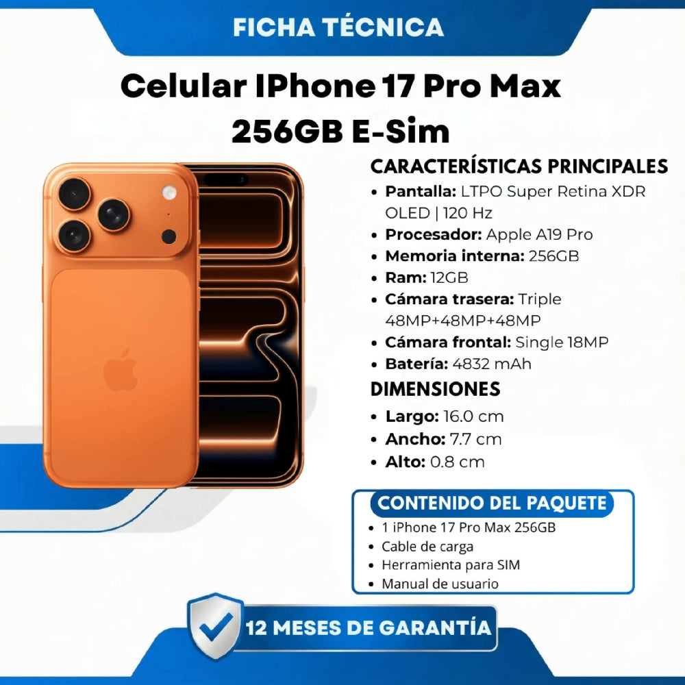 Celular IPhone 17 Pro Max 256GB E-Sim Pantalla ProMotion De 120Hz Naranja