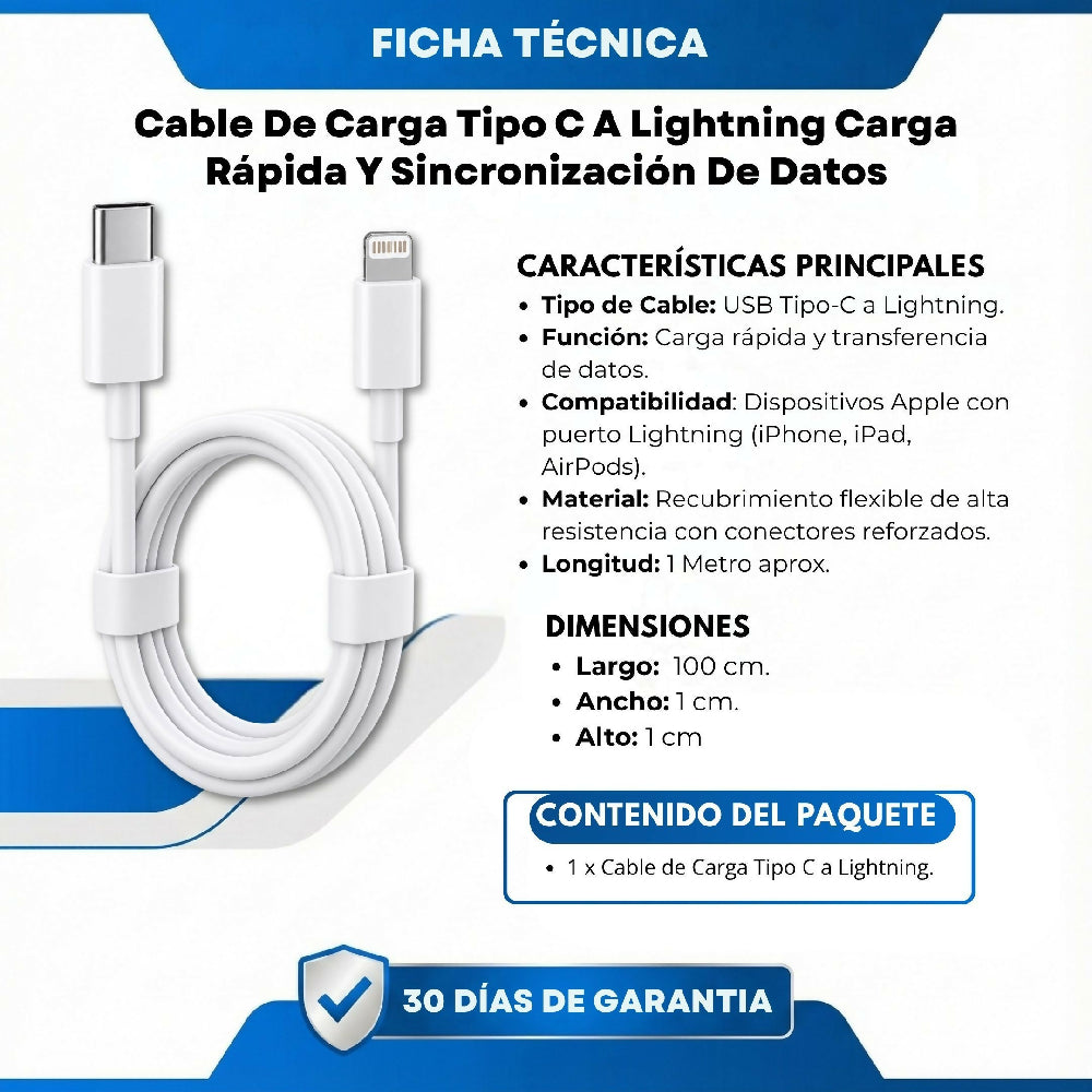 Cable De Carga Tipo C A Lightning Carga Rápida Y Sincronización De Datos Original