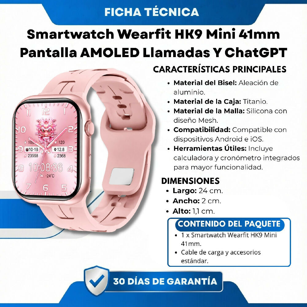 Smartwatch Wearfit HK9 Mini 41mm Pantalla AMOLED Llamadas Bluetooth Y ChatGPT Rosado