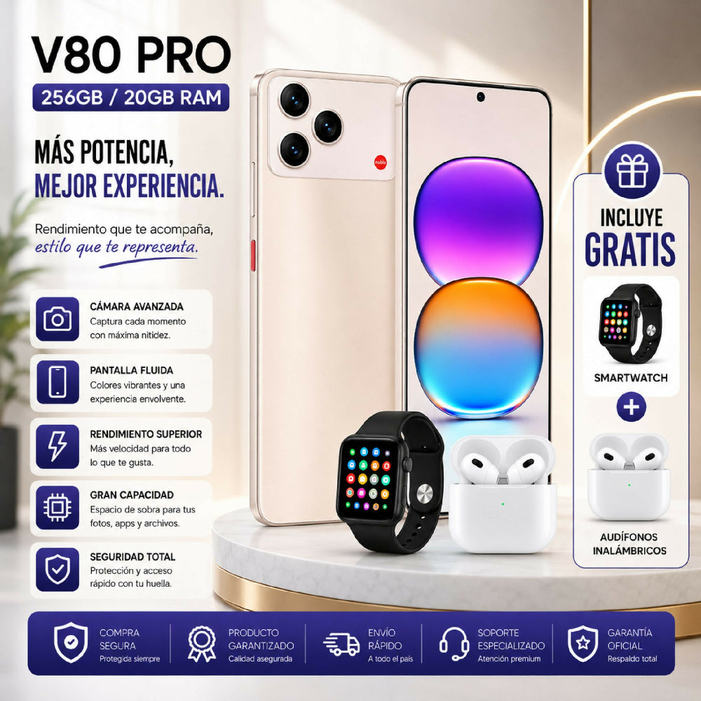 Celular Nubia V80 Pro 256GB 20GB RAM Dorado + Kit De Audífonos Y Reloj