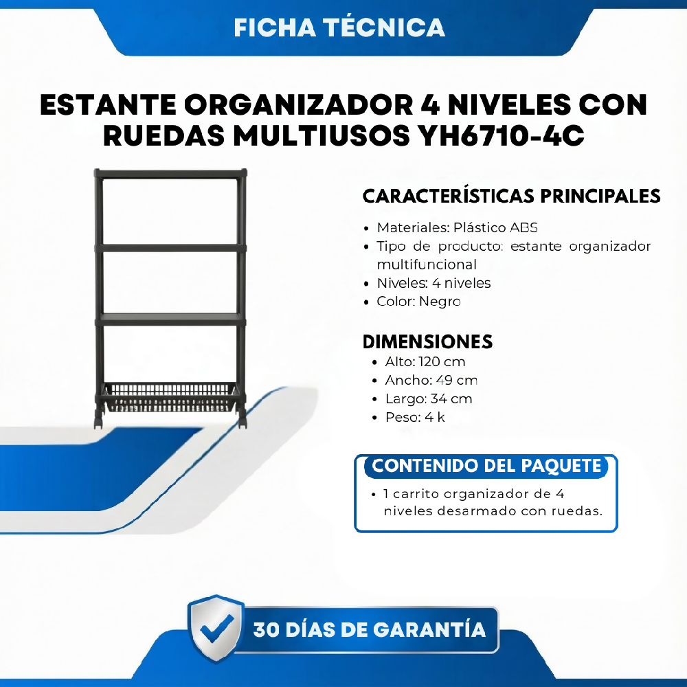 Estante Organizador 4 Niveles Con Ruedas Multiusos YH6710-4C – Estantería Móvil Para Cocina, Baño Y Hogar