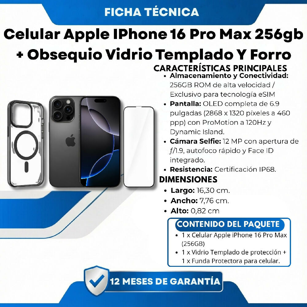 Celular Apple IPhone 16 Pro Max 256gb ESim + Obsequio Vidrio Templado Y Forro Negro