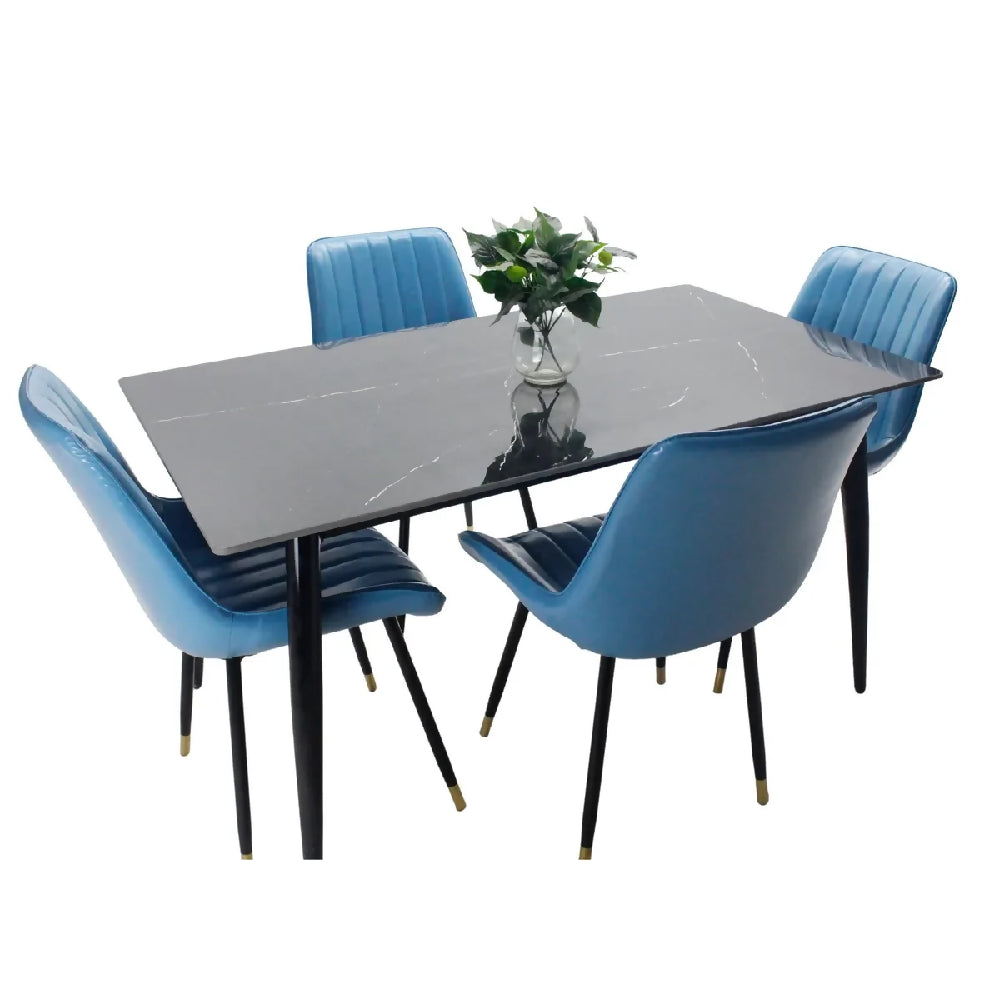 Comedor Vitral Tipo Mármol Negro + Set 4 Silla Azul