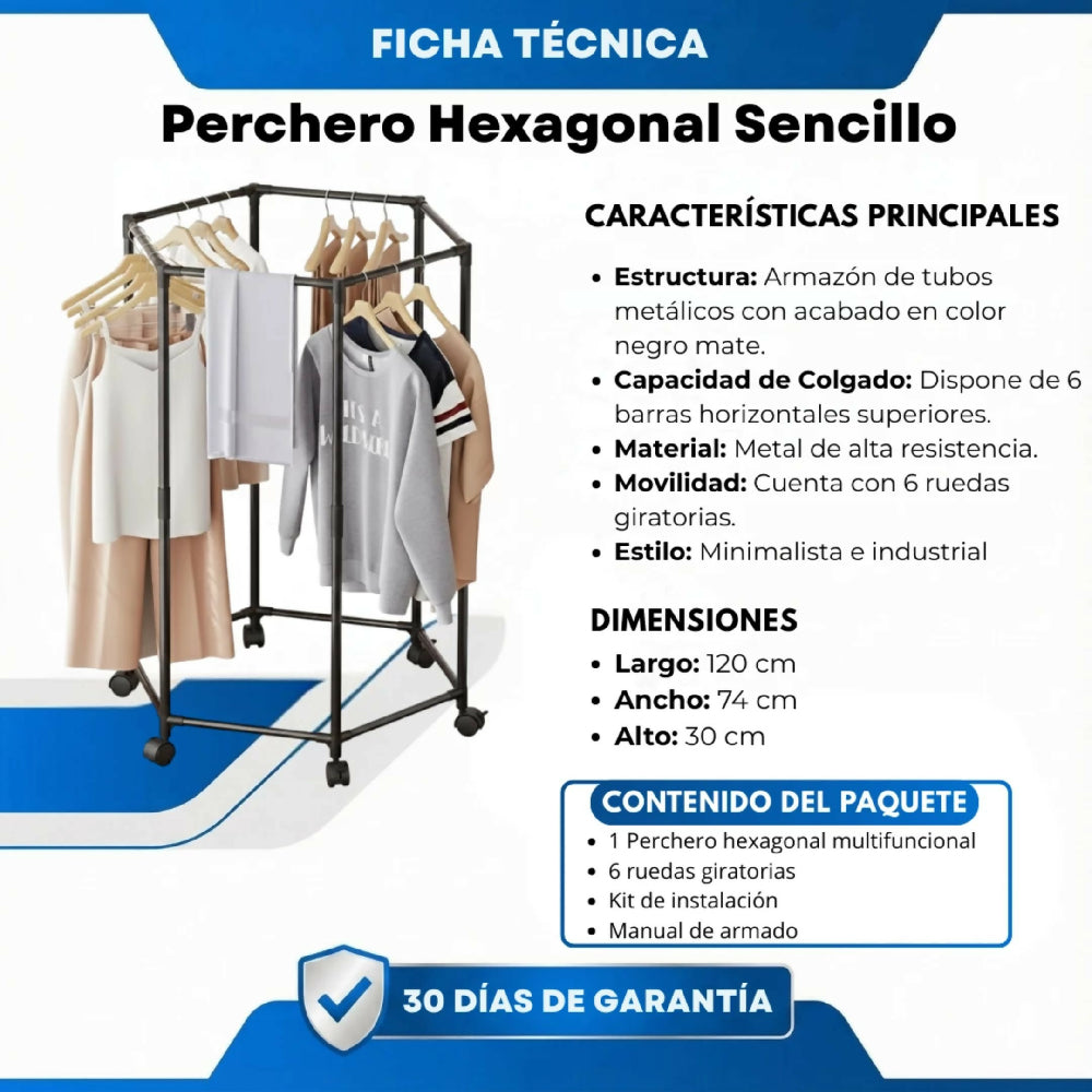 Perchero Hexagonal Sencillo Para Ropa Y Bolsos Con Acabado Premium En Acero