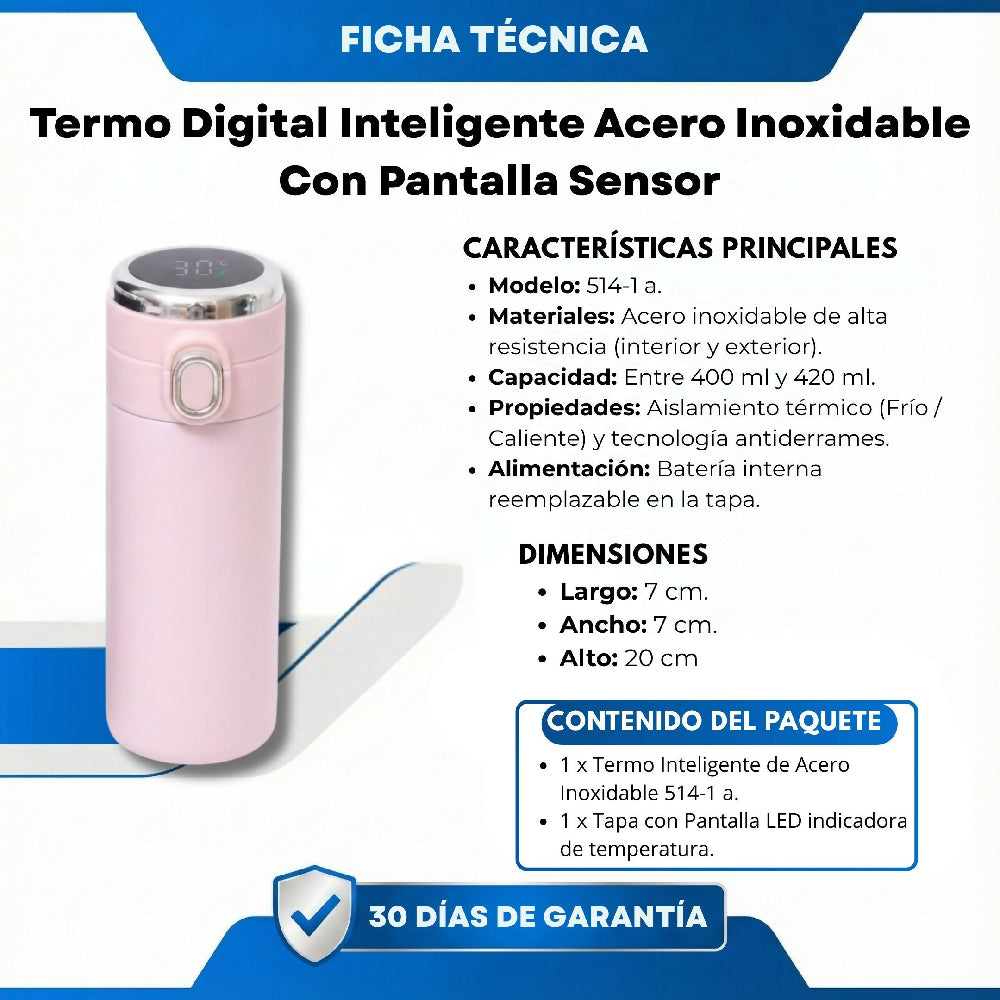 Termo Rosado Digital Inteligente Acero Inoxidable Con Pantalla Sensor